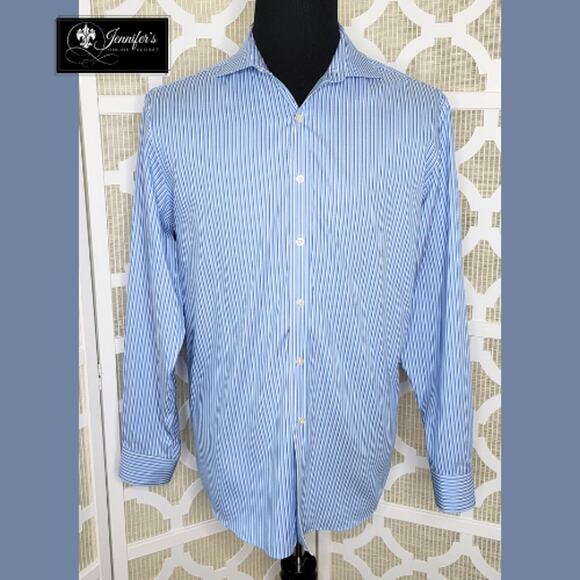 MICHAEL Michael Kors Men's Blue White Stripe Non-Iron Long Sleeve Shirt - Picture 1 of 8